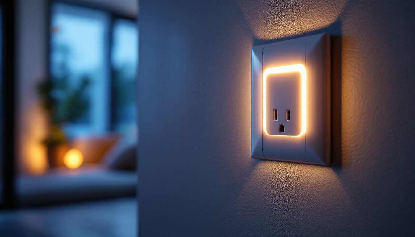 A photograph of a close-up shot of a stylish led lighted outlet cover installed in a modern home setting