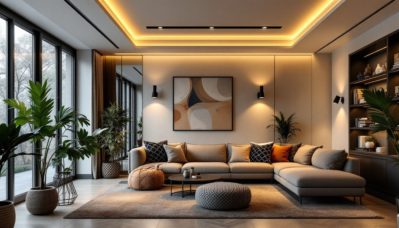 A photograph of a stylishly designed room featuring black recessed light trims in action