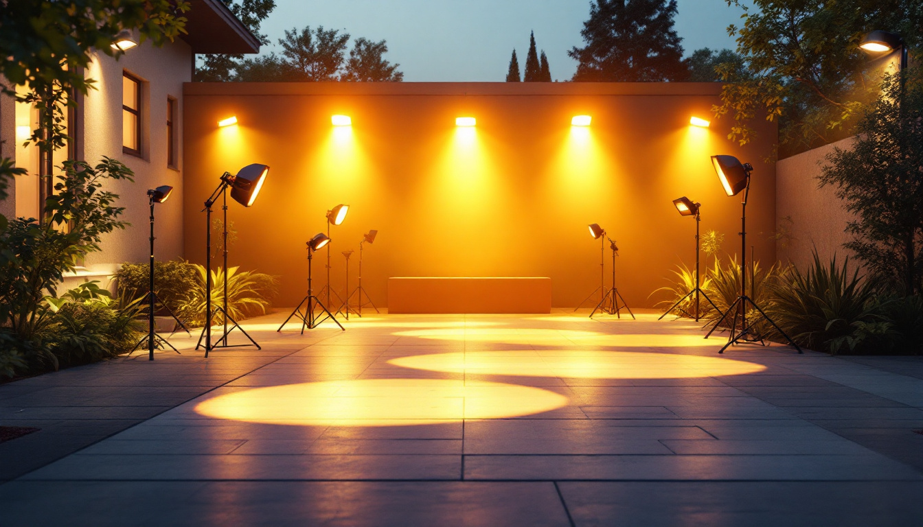 A photograph of a well-lit outdoor space featuring various floodlight setups