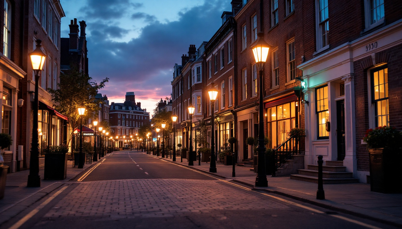 A photograph of a beautifully illuminated portsmouth street scene at dusk