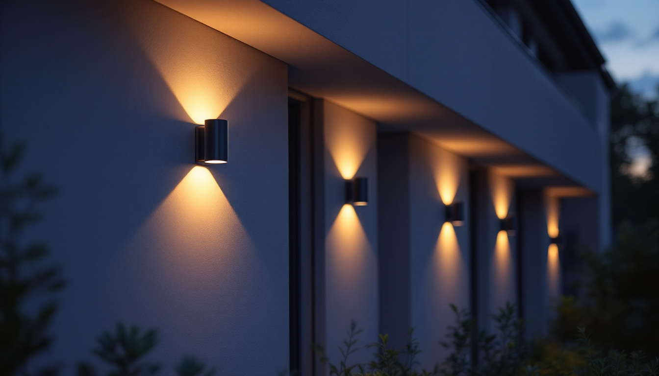 A photograph of a modern home exterior illuminated by stylish wall lights at dusk