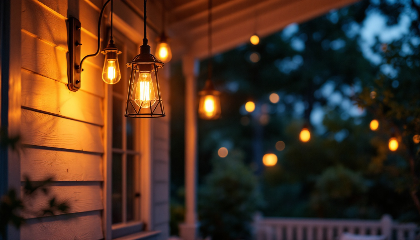 A photograph of a beautifully designed outdoor hanging porch light illuminating a cozy porch setting during twilight