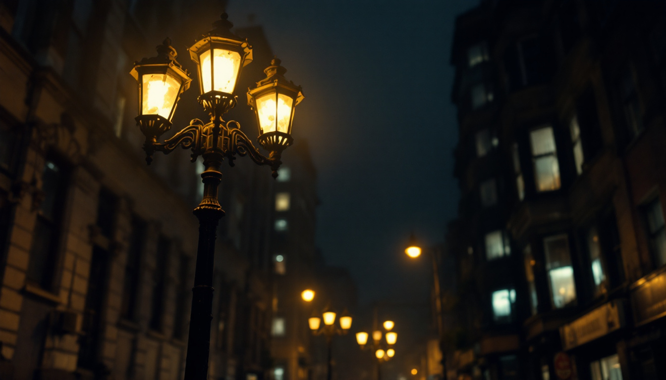 A photograph of a weathered lamp post standing tall in a dimly lit urban environment