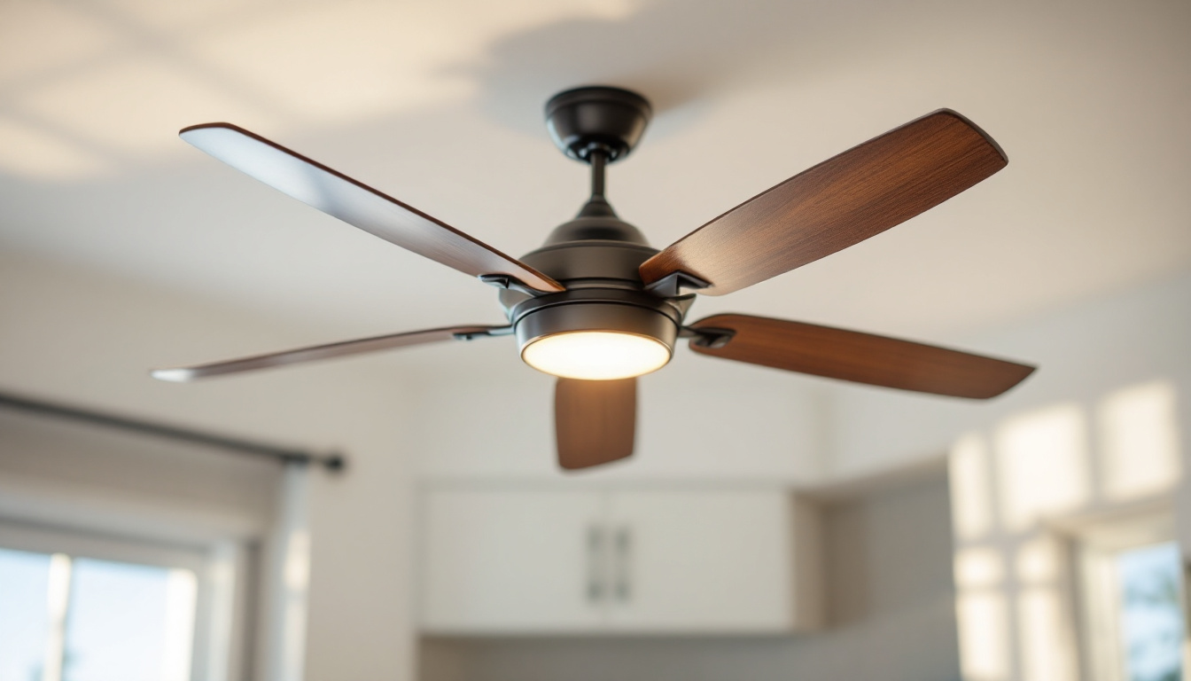 A photograph of a stylish ceiling fan in a well-lit room