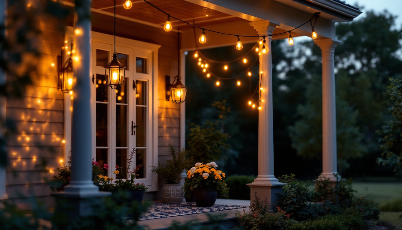 A photograph of a beautifully lit exterior porch showcasing stylish hanging lights in the evening