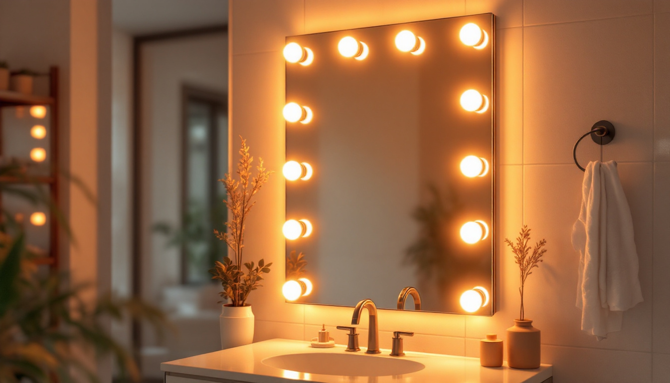 A photograph of a beautifully lit bathroom mirror featuring stylish led lights that enhance the reflection