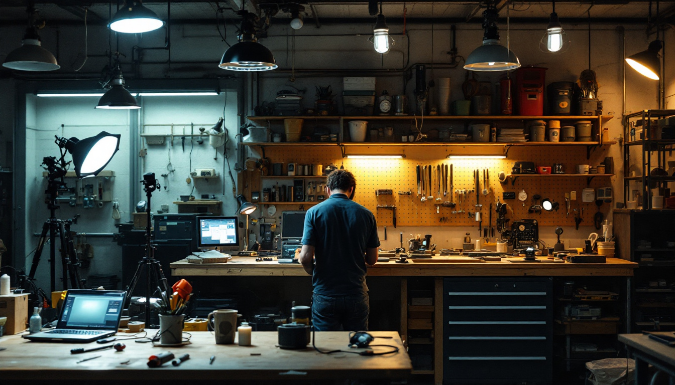 A photograph of a well-lit workshop scene showcasing various types of work lights in use