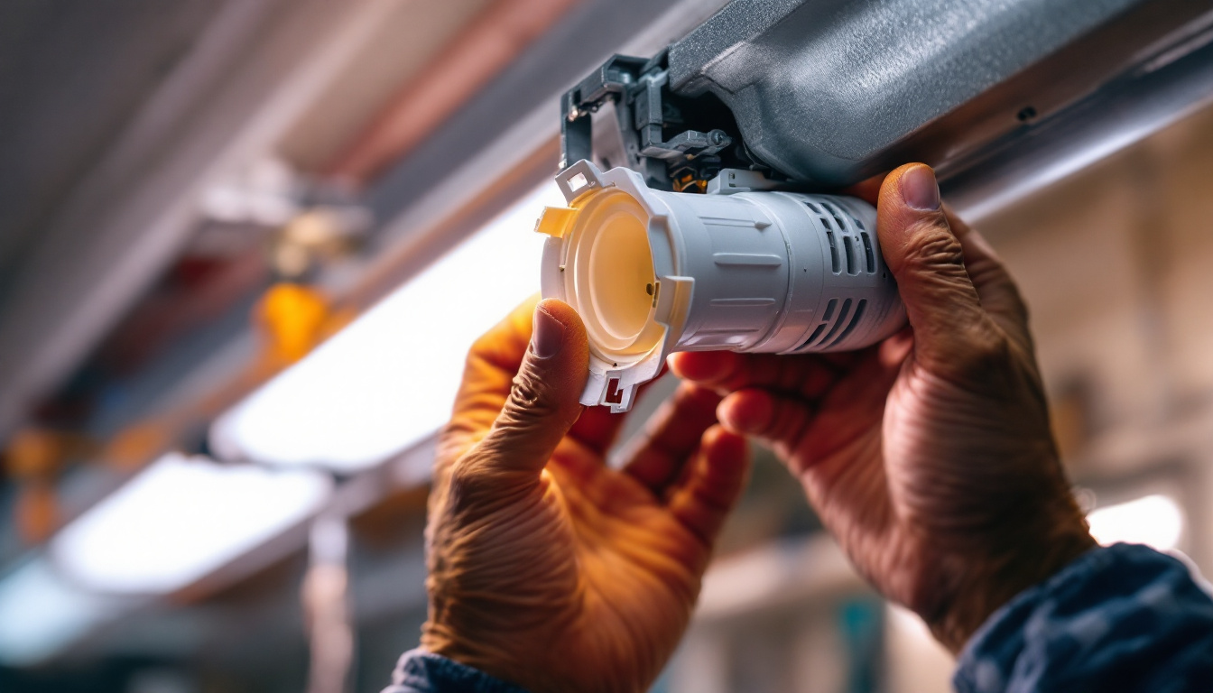 A photograph of a close-up view of a fluorescent light socket being installed or removed
