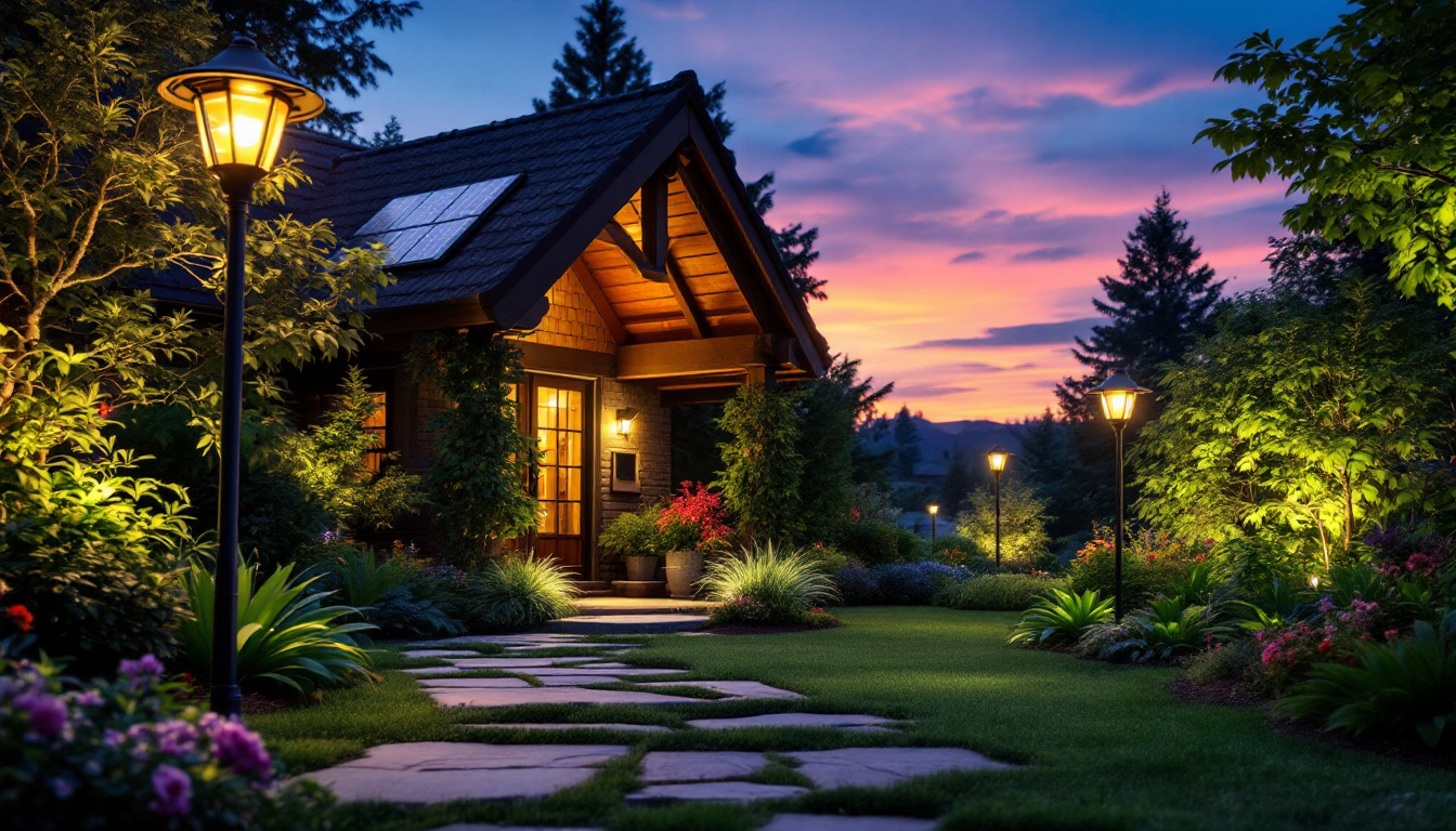 A photograph of a beautifully landscaped garden at dusk