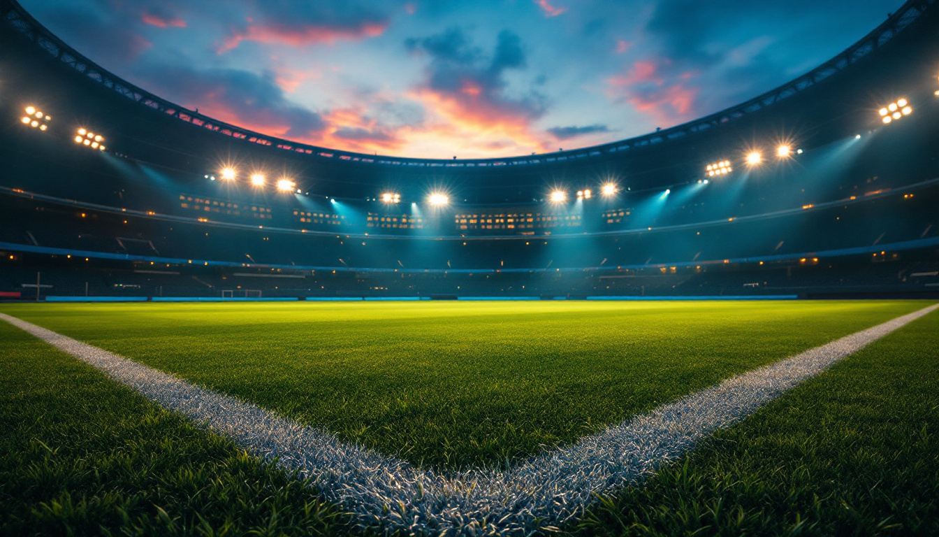 A photograph of a vibrant sports field illuminated by dynamic lighting at dusk