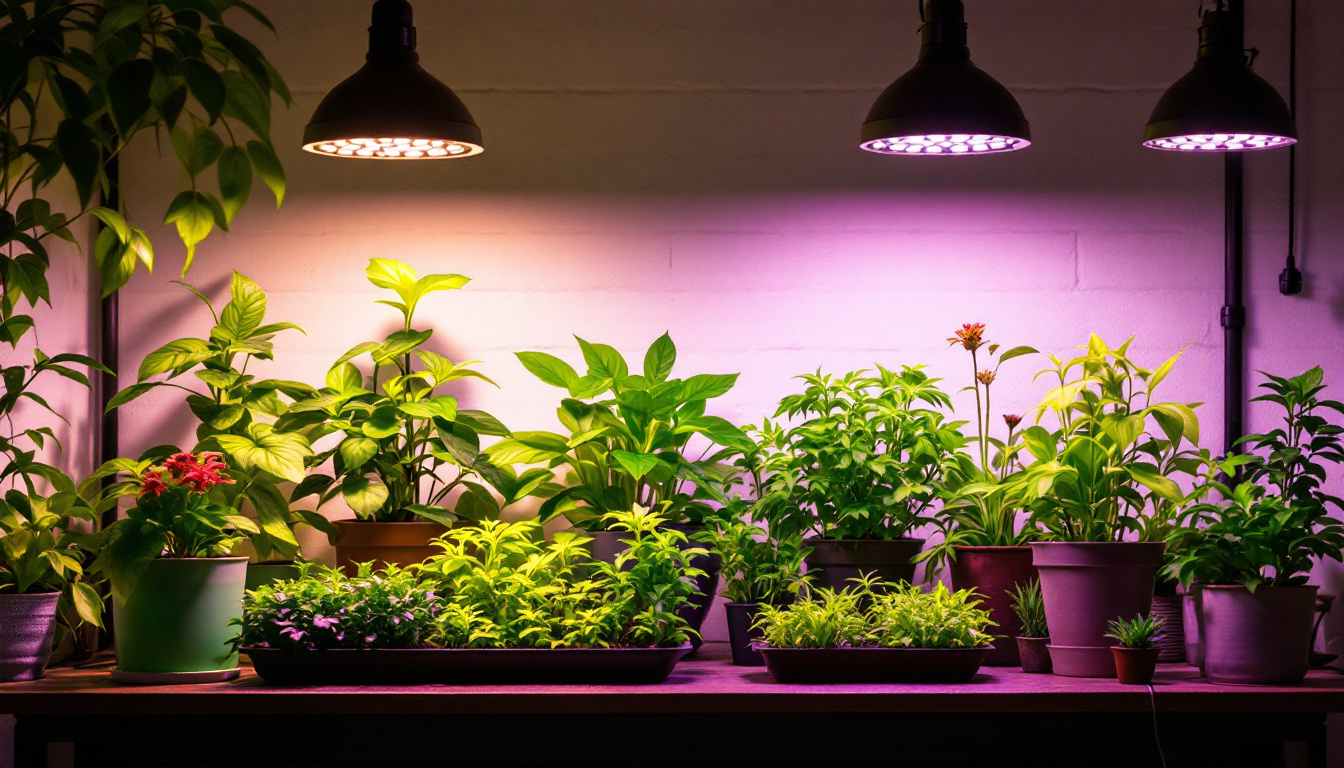 A photograph of a well-designed indoor gardening setup featuring various types of grow lamps in action