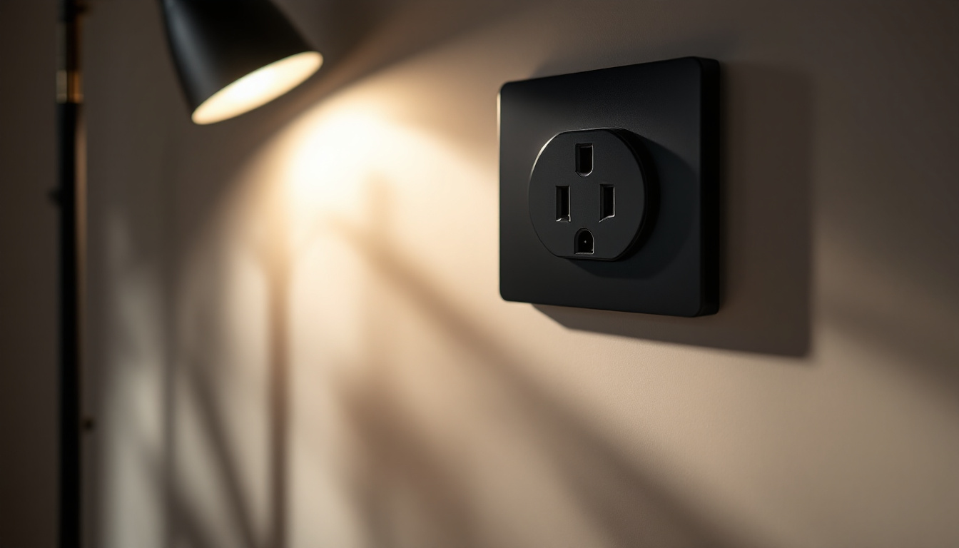 A photograph of a sleek black electric outlet integrated into a modern lighting setup