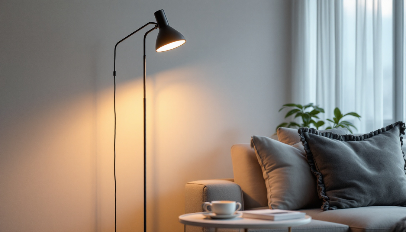 A photograph of a stylish upward lighting floor lamp in a well-lit living space