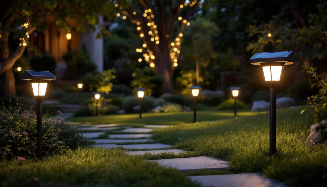 A photograph of a beautifully landscaped outdoor space illuminated by various styles of solar yard lights at dusk