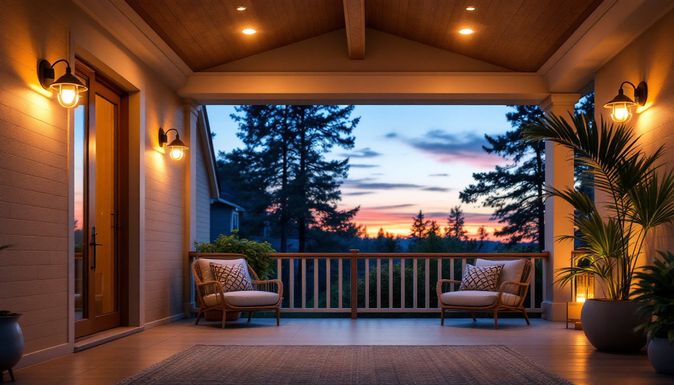 A photograph of a beautifully designed outdoor porch featuring stylish ceiling lights that illuminate the space warmly at dusk