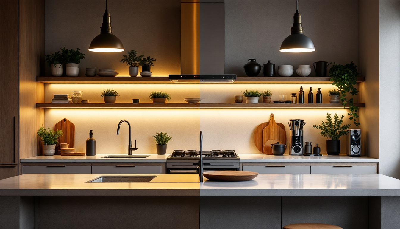 A photograph of a stylish kitchen or workspace featuring contrasting undershelf lighting designs