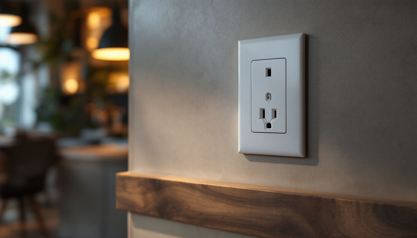 A photograph of a stylishly designed electrical duplex outlet integrated into a modern interior space