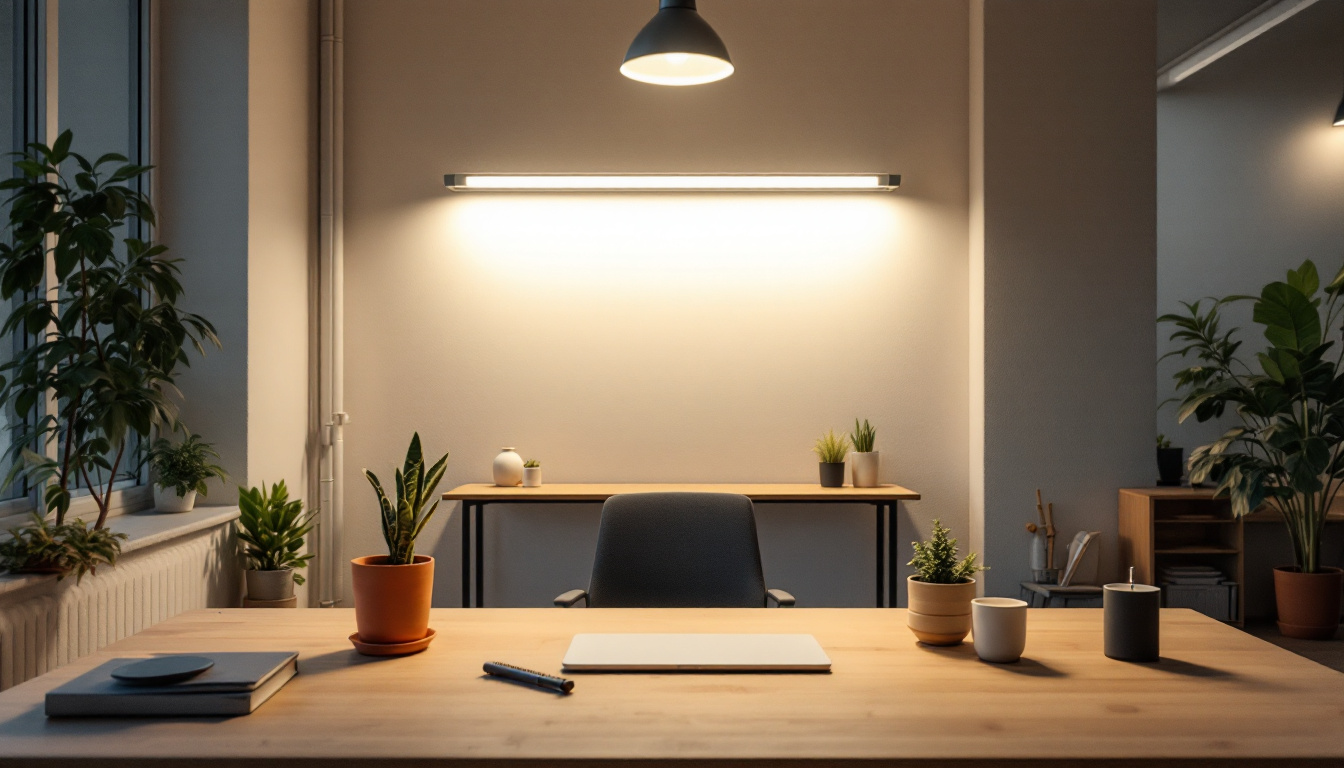 A photograph of a well-lit workspace showcasing a t12 led bulb installation in an 8-foot setting