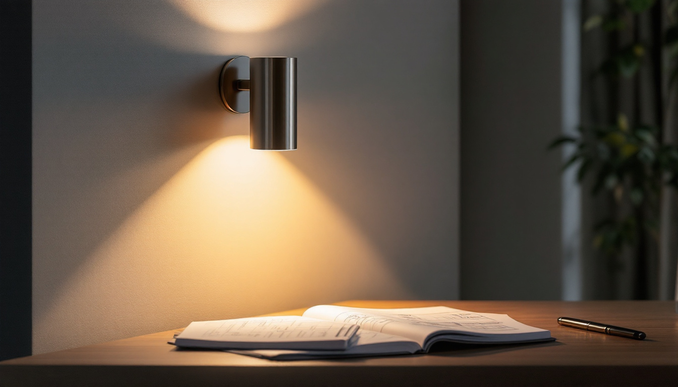 A photograph of a stylish uplight sconce installed in a modern interior setting