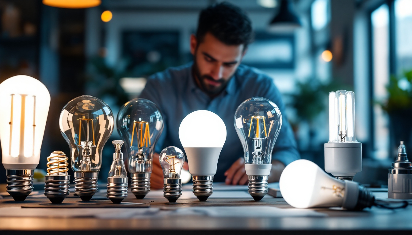 A photograph of a modern workspace featuring a variety of led and fluorescent bulbs