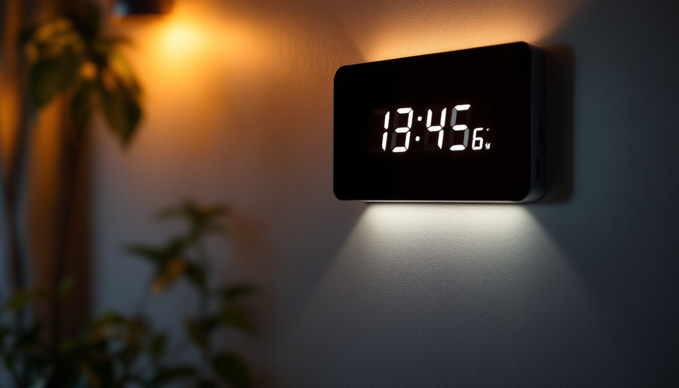 A photograph of a stylishly designed digital timer mounted on a wall