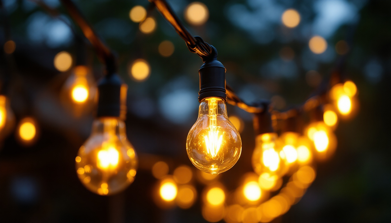A photograph of a beautifully arranged string of decorative light bulbs hanging in an outdoor setting