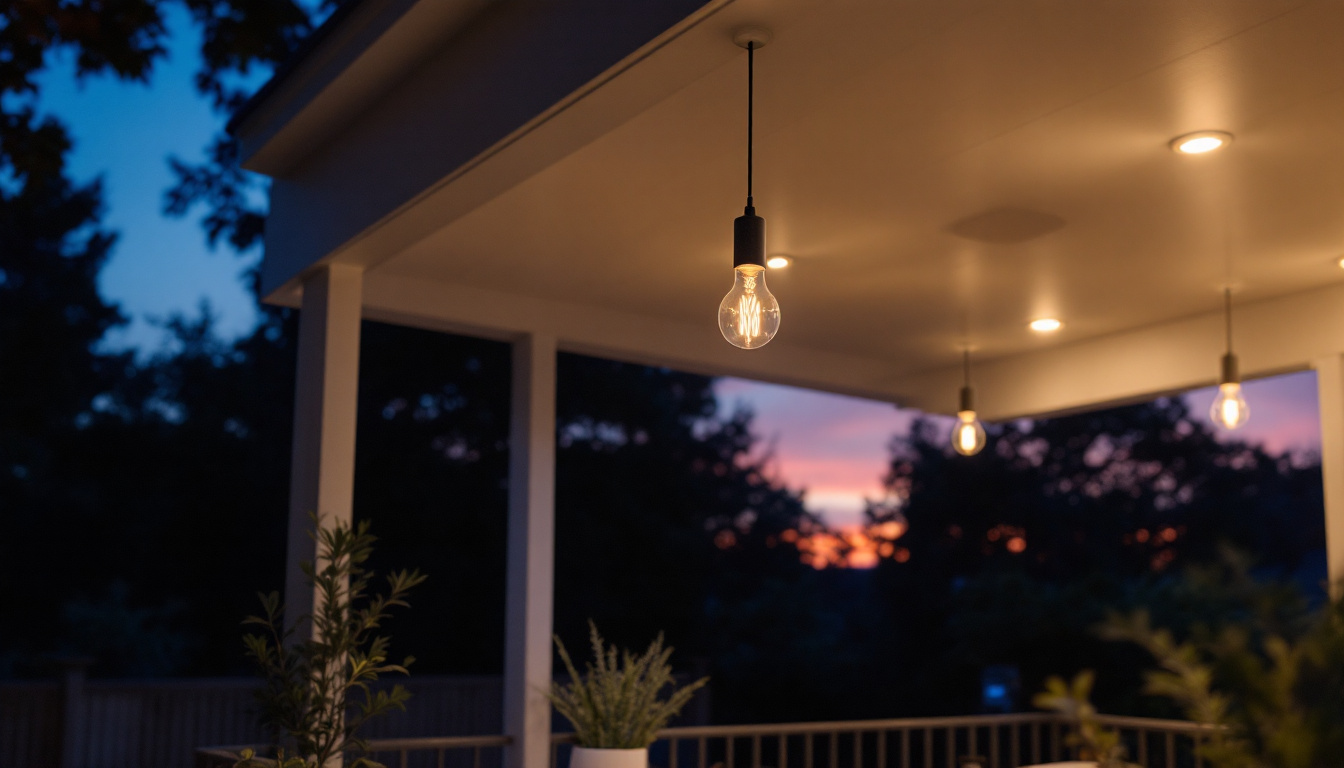 A photograph of a modern porch ceiling illuminated by stylish