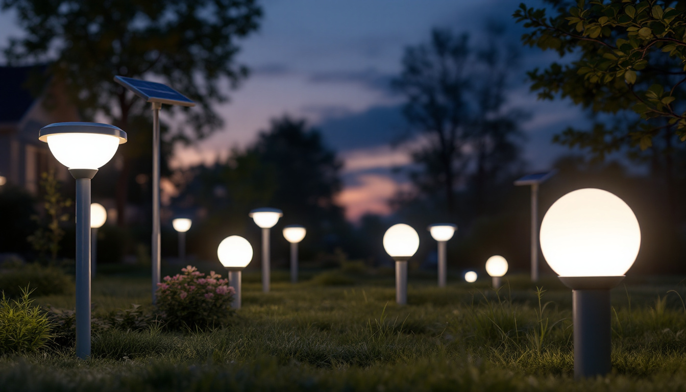 A photograph of a beautifully illuminated outdoor space featuring various solar lights in white