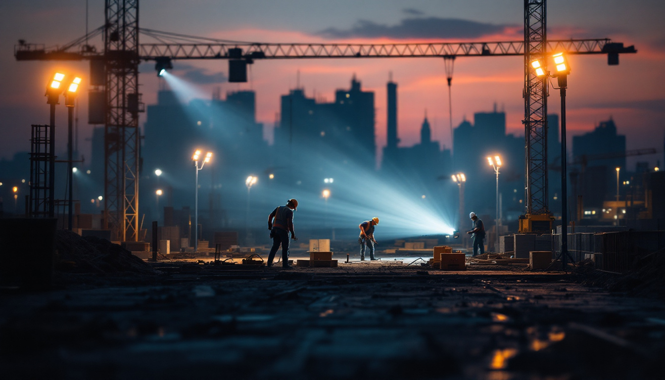 A photograph of a construction site at dusk