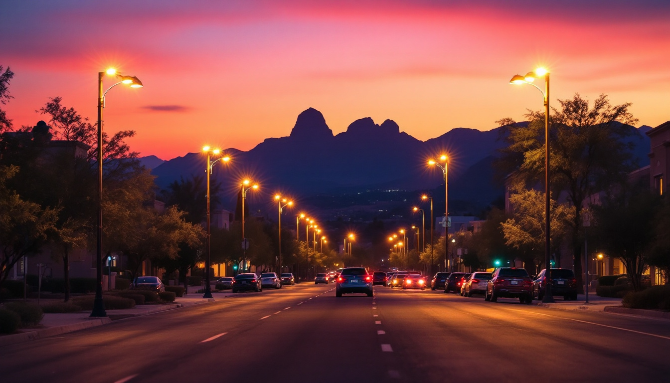 A photograph of a beautifully illuminated street in mesa