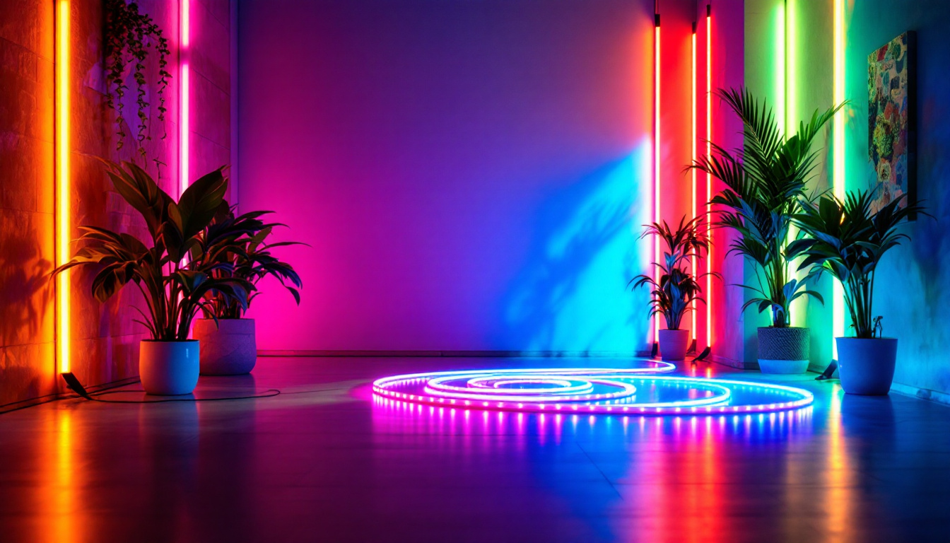 A photograph of a vibrant led light tape installation illuminating a creative space