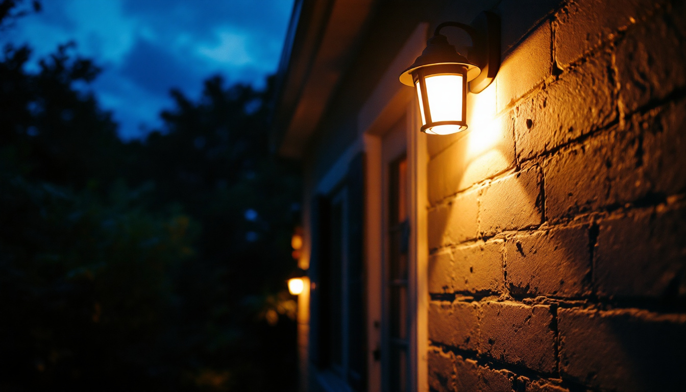 A photograph of a well-lit overhead porch light illuminating the entryway of a home at dusk