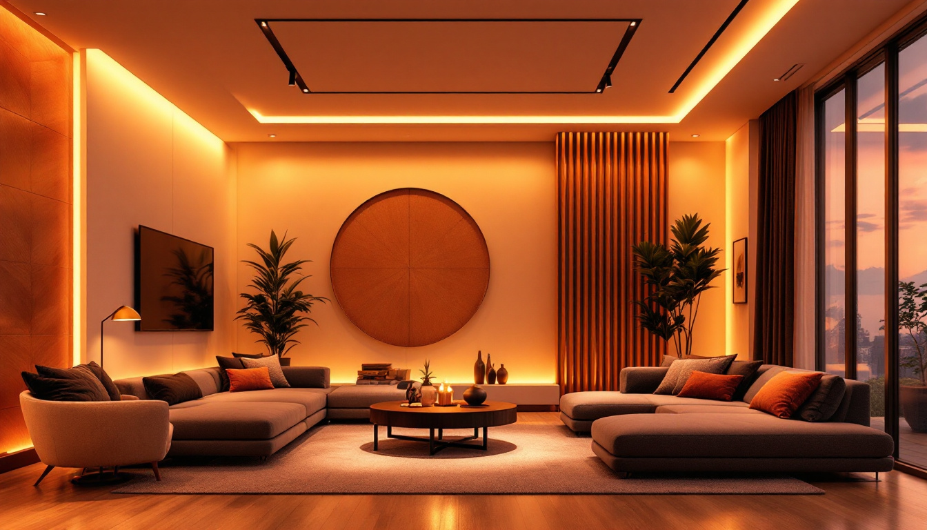 A photograph of a modern interior space showcasing the warm