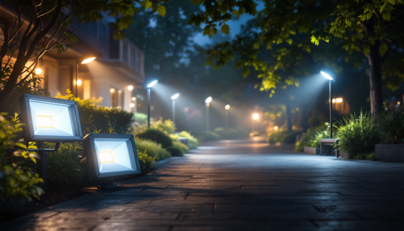 A photograph of a well-lit outdoor area showcasing various types of flood lights in action