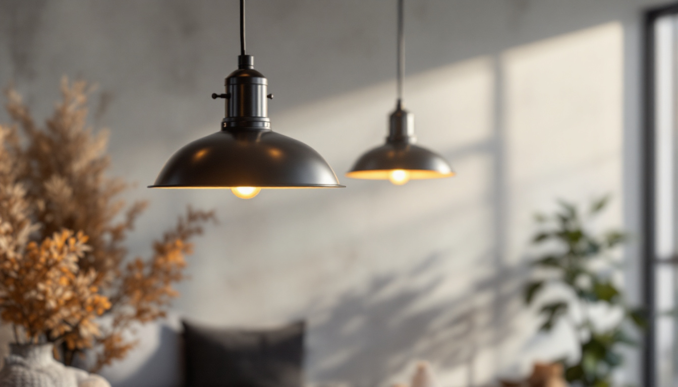 A photograph of a stylish industrial pendant light fixture hanging in a well-designed space