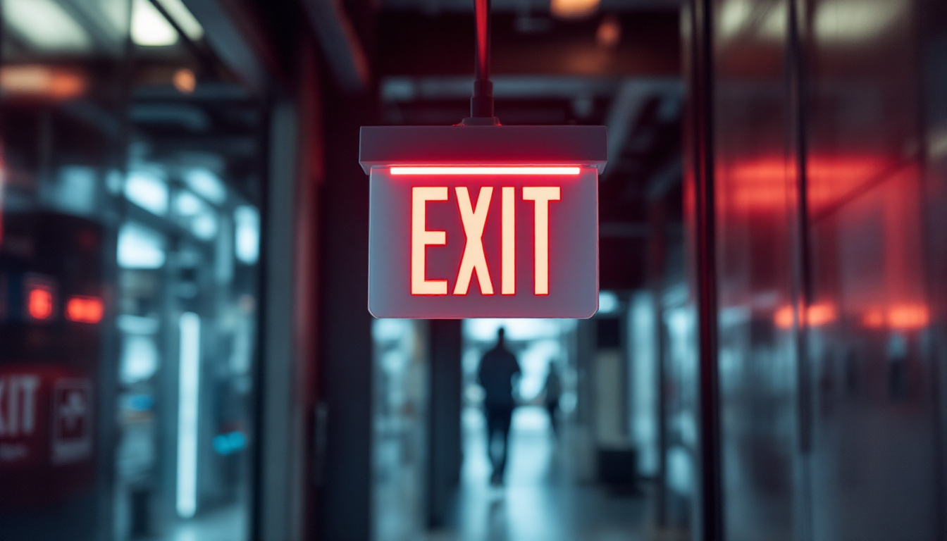 A photograph of a well-lit emergency exit sign in a commercial building