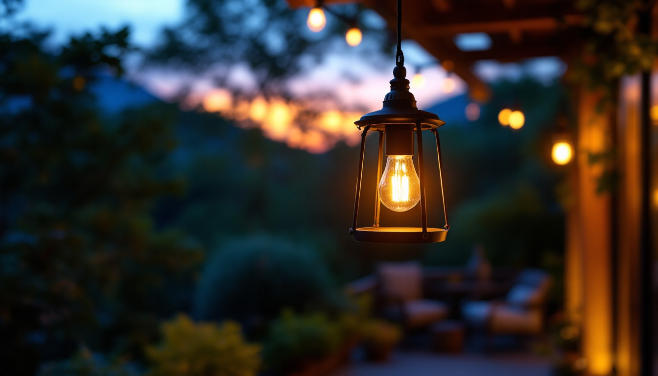 A photograph of a beautifully designed outdoor hanging lamp illuminating a cozy patio setting at dusk