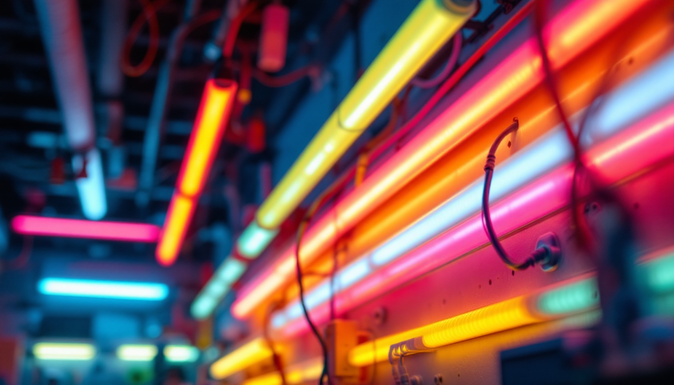 A photograph of capture a photograph of a vibrant workspace featuring an array of coloured fluorescent tube lights in action