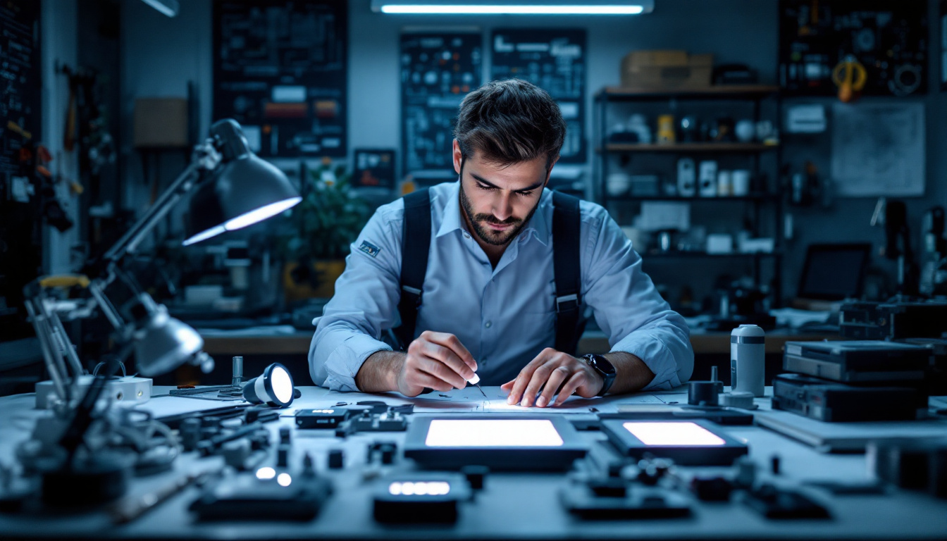 A photograph of a well-organized workspace featuring an electrical engineer examining various led light samples