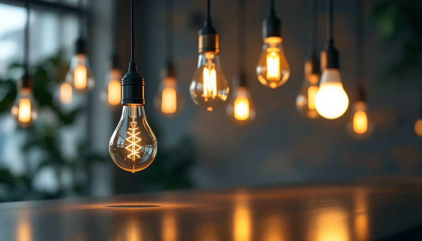 A photograph of a stylishly designed interior space featuring various b bulb types in use