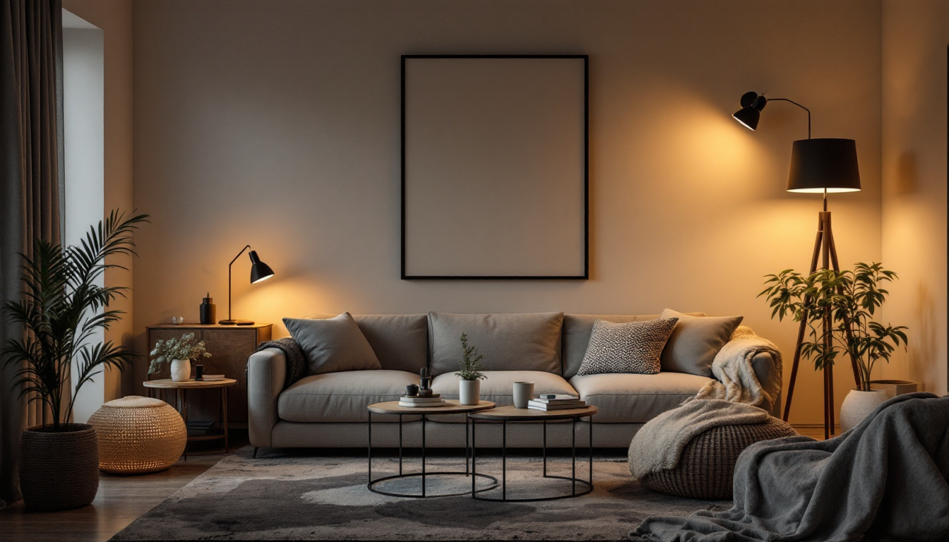A photograph of a stylishly arranged living space featuring a variety of small lighting fixtures