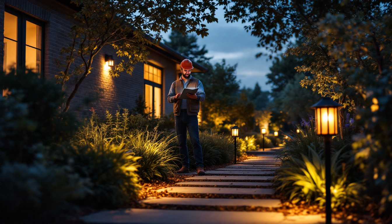 A photograph of a beautifully lit outdoor setting featuring solar coach lights illuminating a pathway or garden