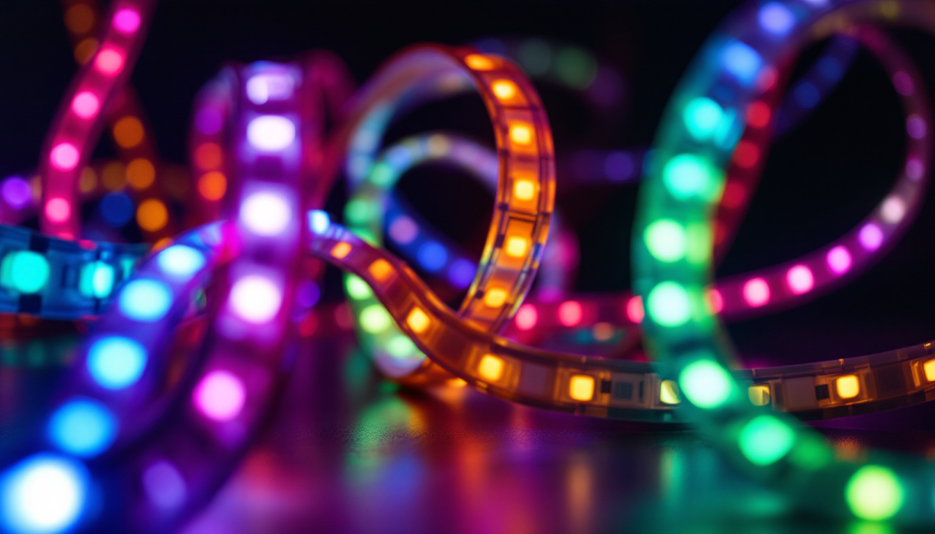 A photograph of capture a photograph of a close-up view of vibrant tape led lights in a creative installation