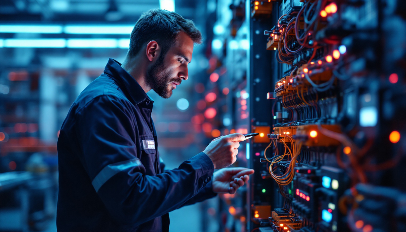 A photograph of a focused electrical engineer examining a sleek