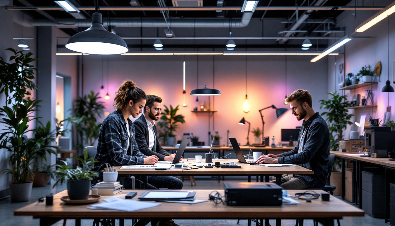 A photograph of a modern lighting design studio