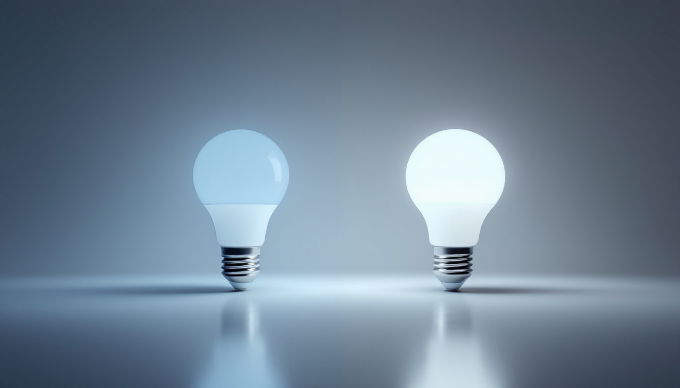 A photograph of a side-by-side comparison of a fluorescent bulb and an led bulb in a well-lit setting