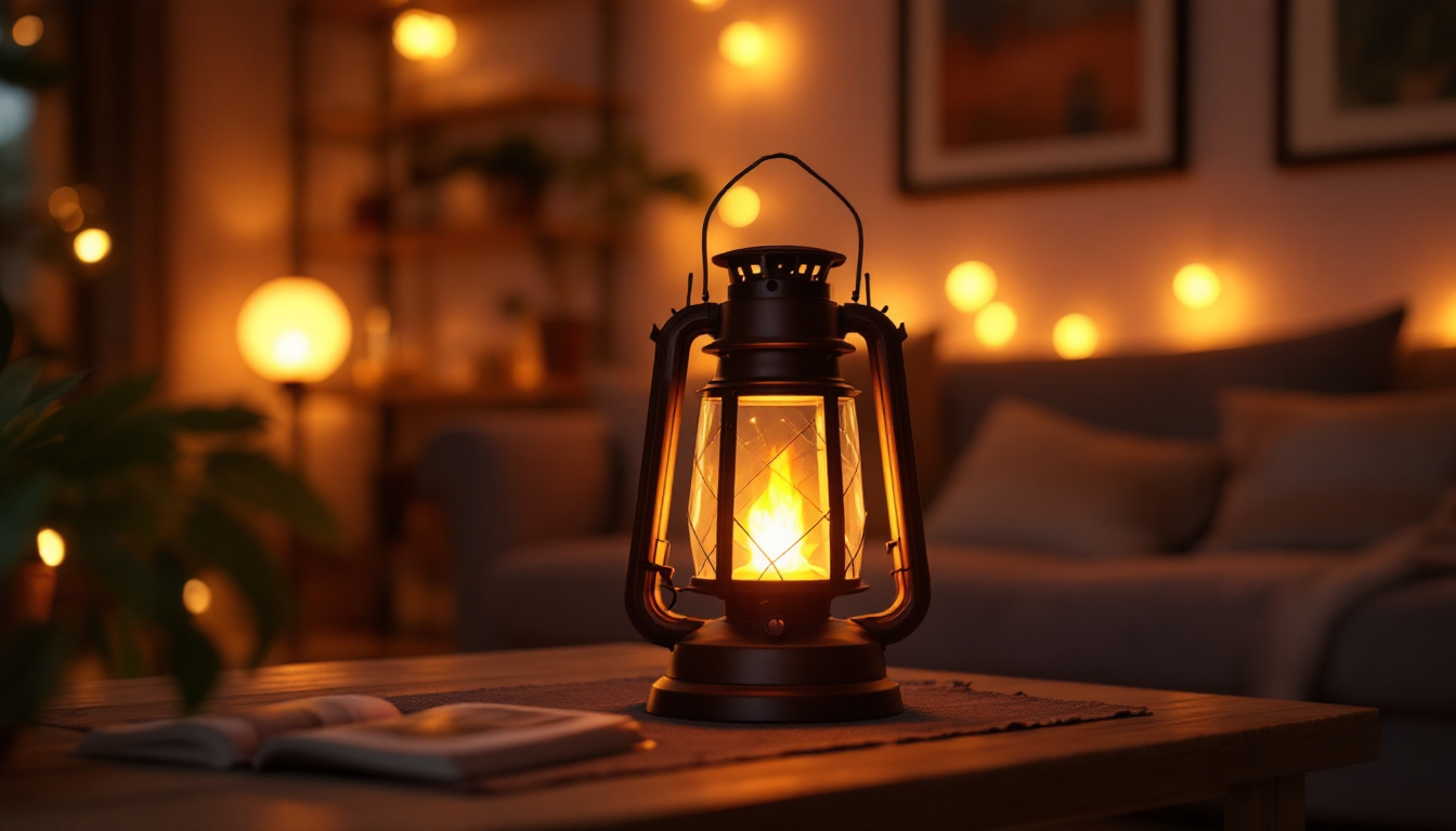 A photograph of a beautifully designed indoor gas lantern illuminated in a cozy