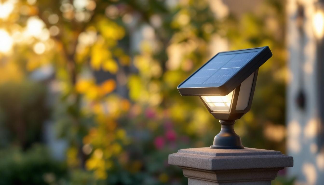A photograph of a solar light installed on a decorative post in a well-lit outdoor setting