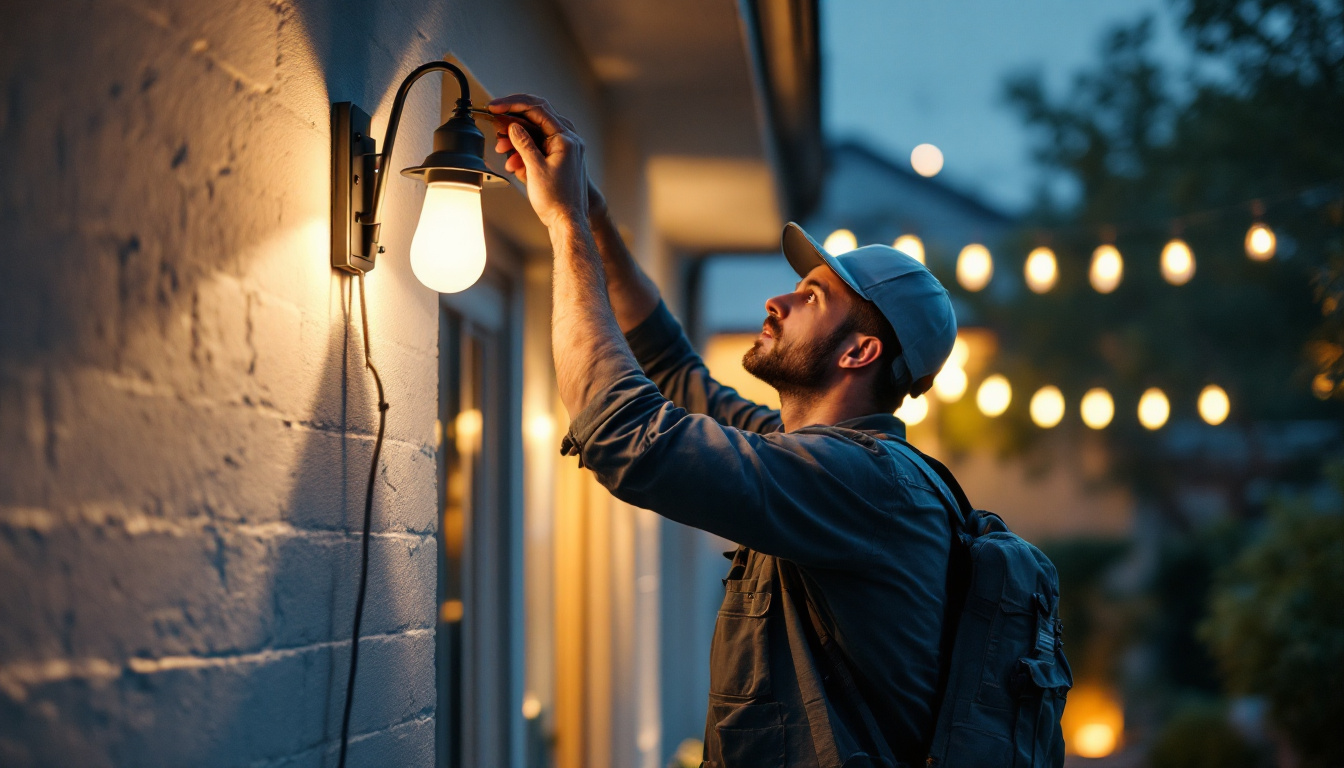 A photograph of a skilled technician replacing an outdoor light fixture