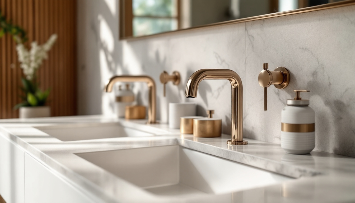 A photograph of a stylishly designed bathroom featuring a variety of modern vanity fixtures